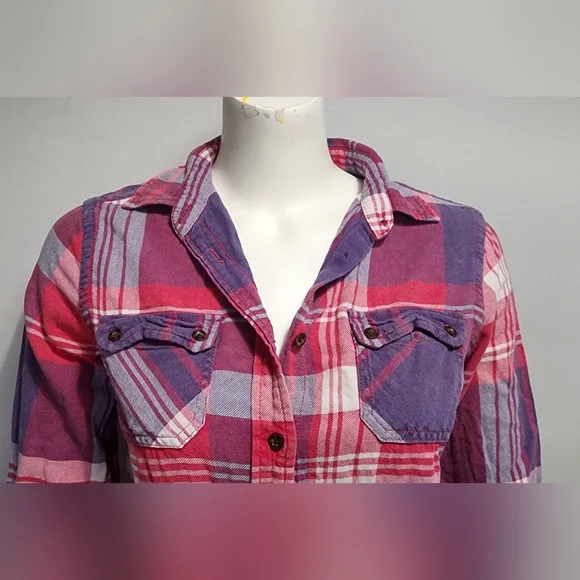 American Eagle Womens Favorite Fit Pink Purple Flannel Plaid Button Up Small S - Picture 3 of 12